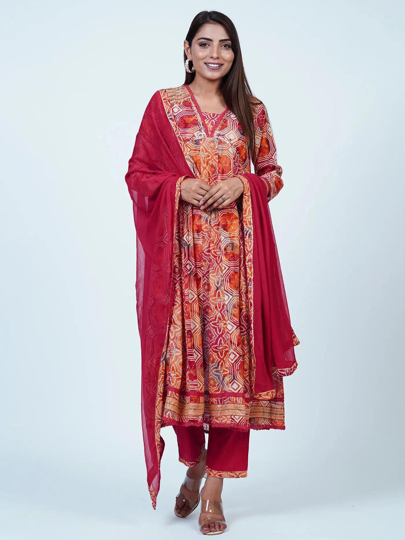 Rust Embroidered A-Line Cotton Suit Set