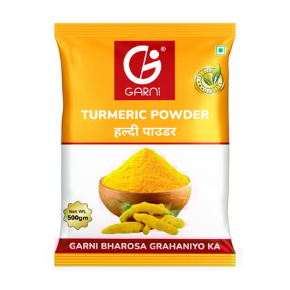 Garni Foods Turmeric Powder/Haldi Powder - Premium Grade | No Artificial Colours | Blended with Cold Grinding Technology | Original Flavour & Rich Aroma 500gm