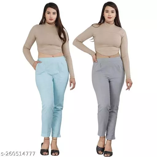 Stylish and Comfortable: Women's Cotton Casual Trousers in (Pack of 2) BLUE& GREY