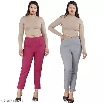 Stylish and Comfortable: Women's Cotton Casual Trousers in (Pack of 2) red & grey