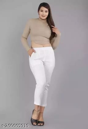 Women Regular Fit Cotton Blend Trousers in White