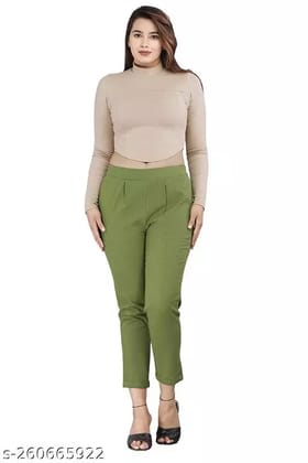 Women Regular Fit Cotton Blend Trousers in Green