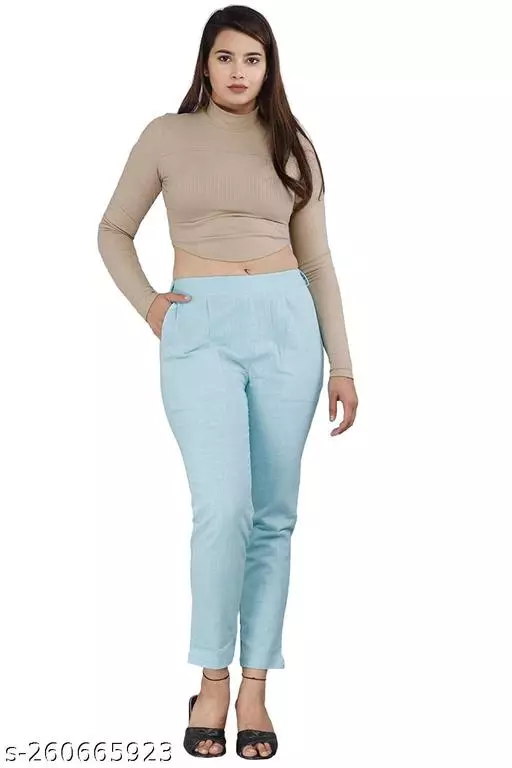 Women Regular Fit Cotton Blend Trousers in Sky Blue