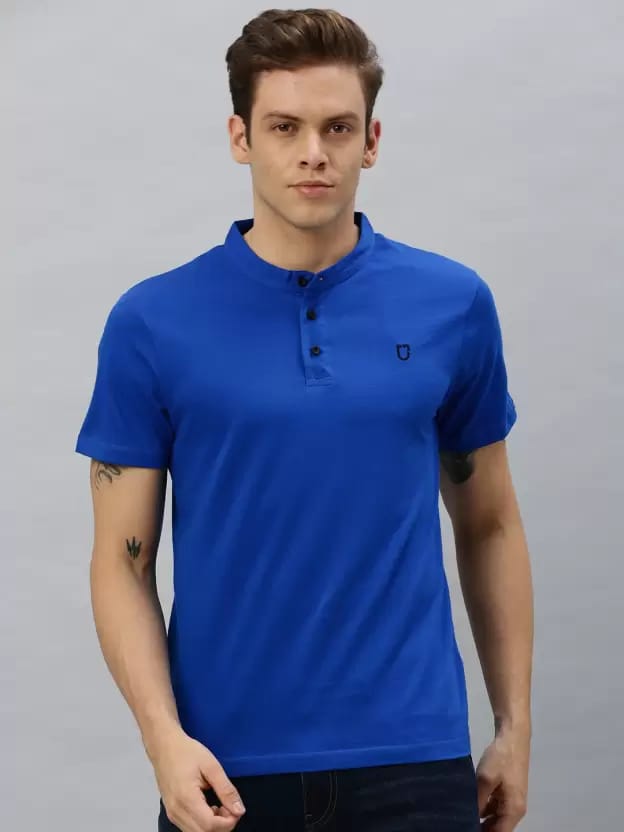 Men Solid Mandarin Collar Pure Cotton Blue T-Shirt