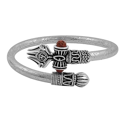 Rudraksha Shiv Om Trishul Damroo Kada for men, Lord Shiva Bahubali Cuff Bracelet for men, boys | Religious Brass Kada | Free size