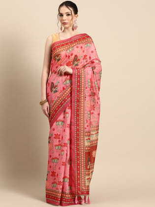 Pink Cotton Kalamkari Printed Saree