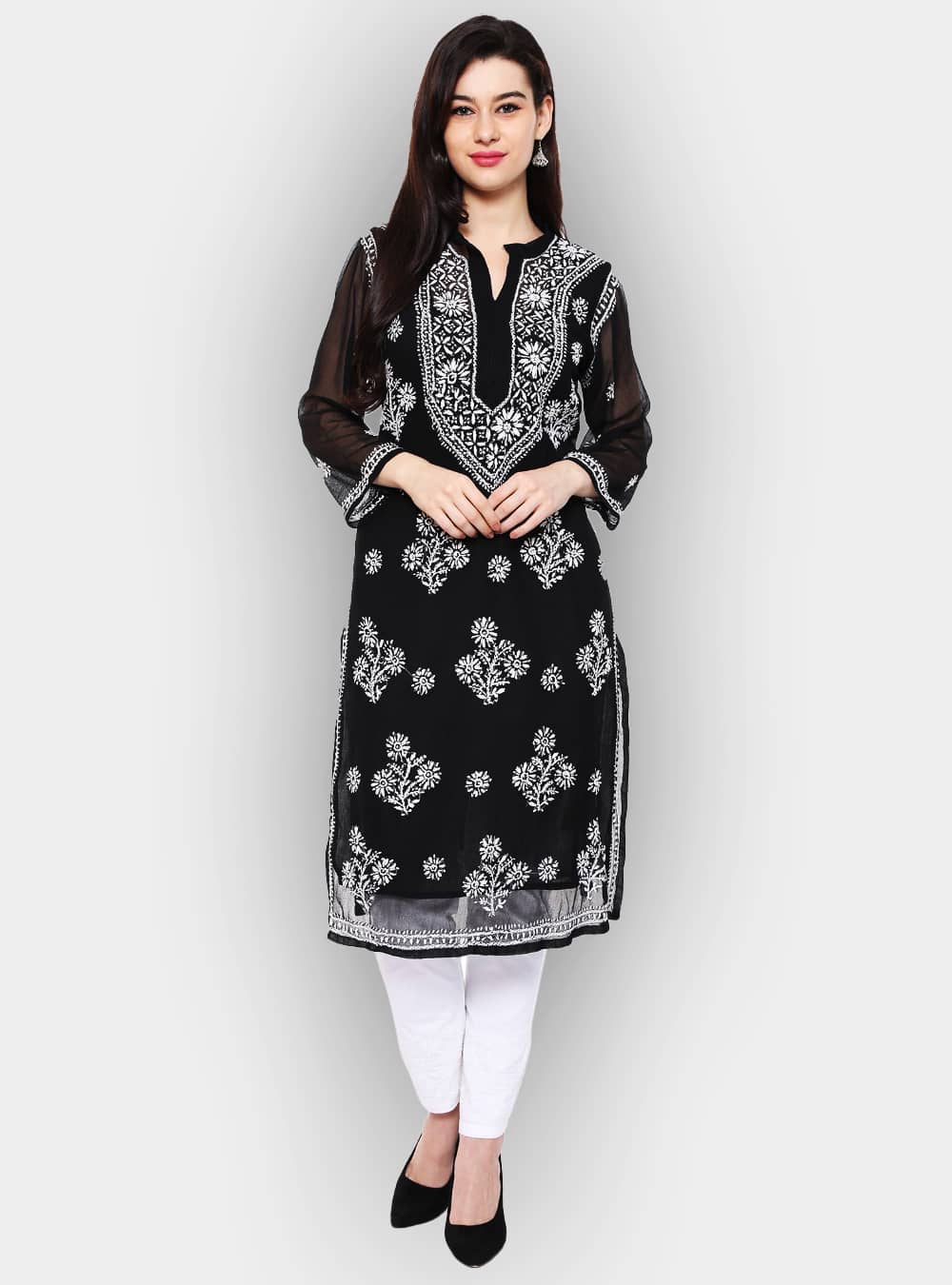 Mirror work Lucknow Chikankari Kurti sharara dupatta set | gintaa.com