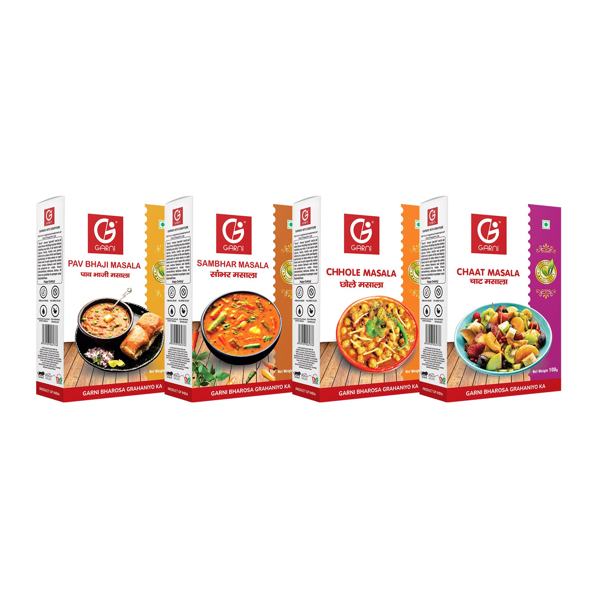 Garni Foods Pav Bhaji Masala + Sambhar Masala + Chole Masala + Chaat Masala Street Food Masala Combo, Pack of 4