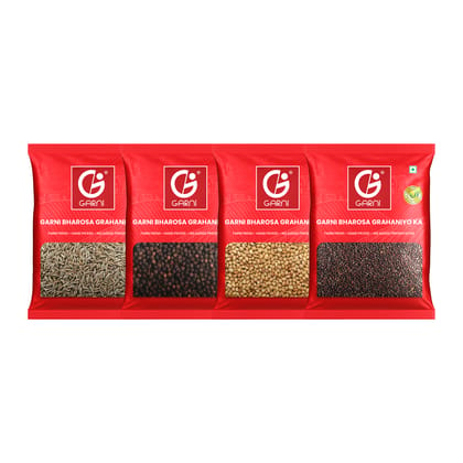 Garni Foods Cumin Seed 100gm + Black Pepper Whole + Coriander Whole & Mustard Seeds (RAI) Pack of 4 (4 x 100gm)