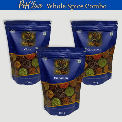 PepClove Whole Spices Combo | CLOVE (100GM) + CARDAMOM (100GM) + CINNAMON (100GM) | PepClove Spices | Whole Spices | Fresh Spices