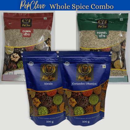 PepClove Whole Spice Combo | CUMIN (100GM) + FENNEL (100GM) + CORIANDER (100GM) + AJWAIN (100GM) | PepClove Spices | Whole Spices | Fresh Spices