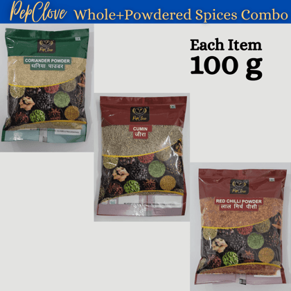 PepClove Whole + Powder Spices Combo | CUMIN (100GM) + RED CHILLI POWDER (100GM) + CORIANDER POWDER (100GM) | PepClove Spices | Whole Spices | Fresh powdered/grounded Spices
