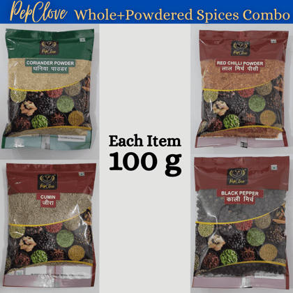 PepClove Whole + Powder Spices Combo | CUMIN (100GM) + RED CHILLI POWDER (100GM) + CORIANDER POWDER (100GM) + BLACK PEPPER (100GM) | PepClove Spices | Whole Spices | Fresh powdered/grounded Spices