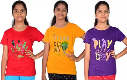 JILZ  Girls Printed Pure Cotton T Shirt  (Multicolor, Pack of 3)