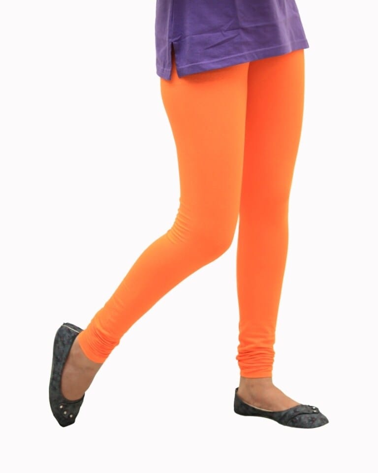 Womens Solid orange Pure Cotton Churidar Length Skinny Fit Leggings