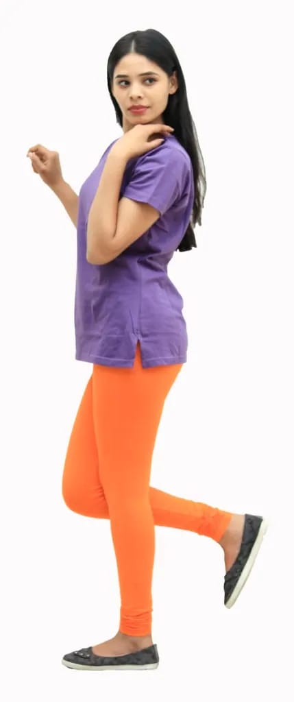 Womens Solid orange Pure Cotton Churidar Length Skinny Fit Leggings