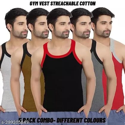Pack of 5 Men Cotton Color Gym Vest|Machine Wash|Fitted|Modern fit vest