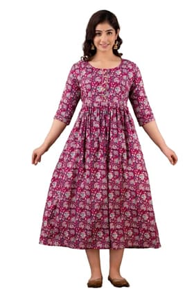 Vishuddhi Creation Women's Cotton Floral Printed Anarkali Maternity Breast Feeding Kurti - Pink
