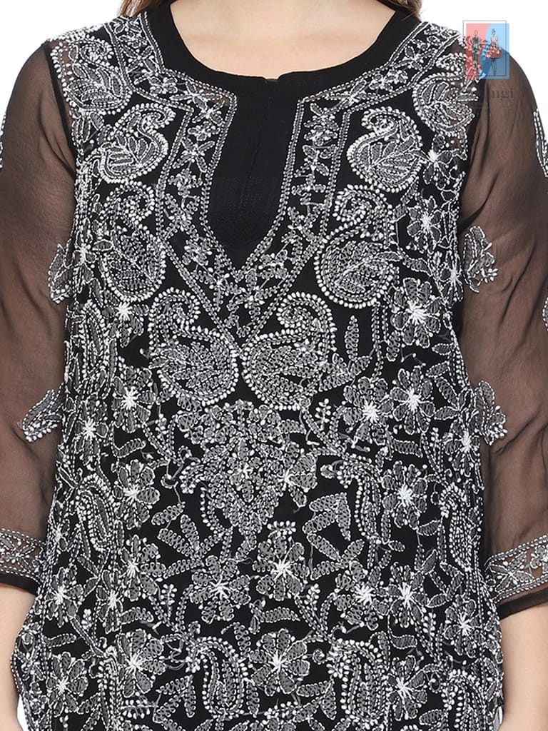 Lavangi Women Lucknow Chikankari Black Georgette Kurti with Matching Cotton Inner
