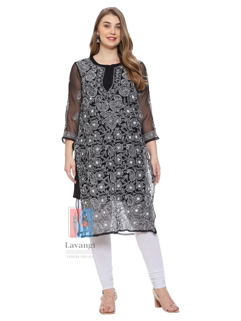 Lavangi Women Lucknow Chikankari Black Georgette Kurti with Matching Cotton Inner