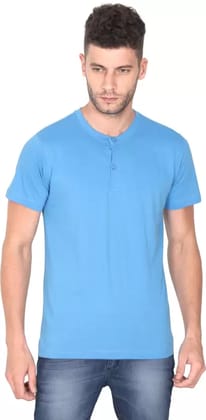 Men Solid Henley Neck Pure Cotton Blue T-Shirt