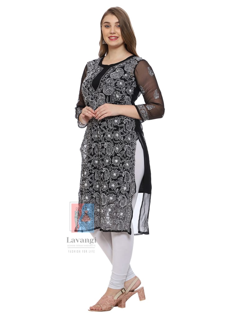 Lavangi Women Lucknow Chikankari Black Georgette Kurti with Matching Cotton Inner