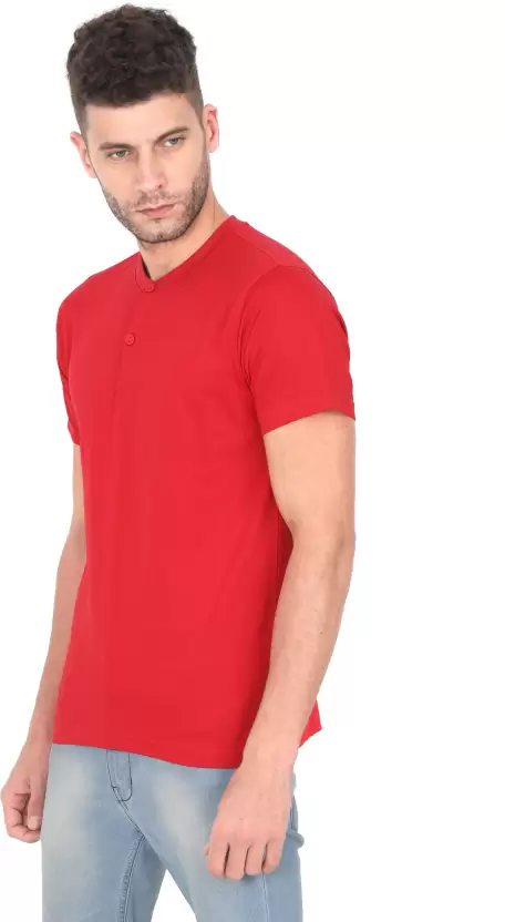 Men Solid Henley Neck Pure Cotton Red T-Shirt