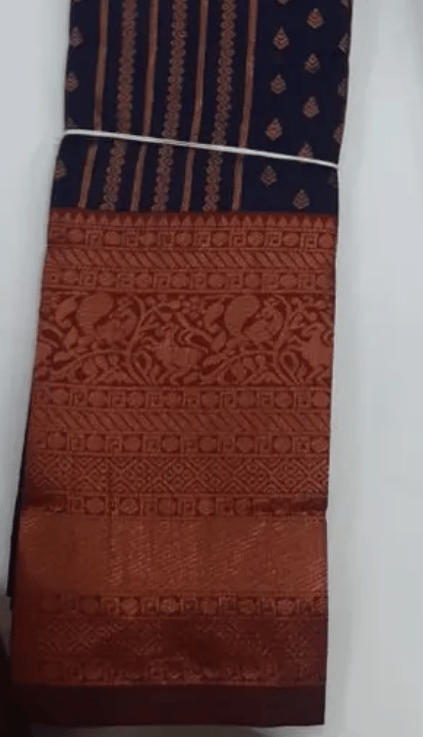 Women Semi Pattu Saree Silk Blend Saree navy blue color saree with maroon color pallu and blouse