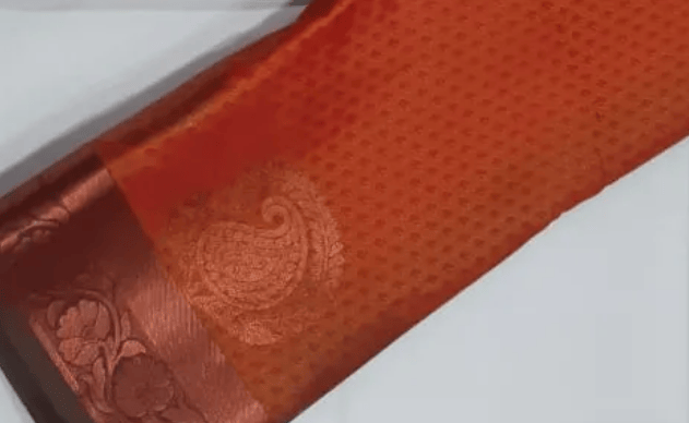 Women Semi Pattu Saree Silk Blend Saree Orange color saree with parrot green color Pallu and blouse