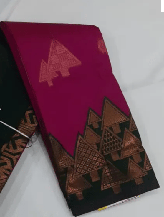 Women Semi Pattu Saree Silk Blend Saree (Pink) temple border and all over butta , Rani pink color saree with bottle green color pallu and blouse