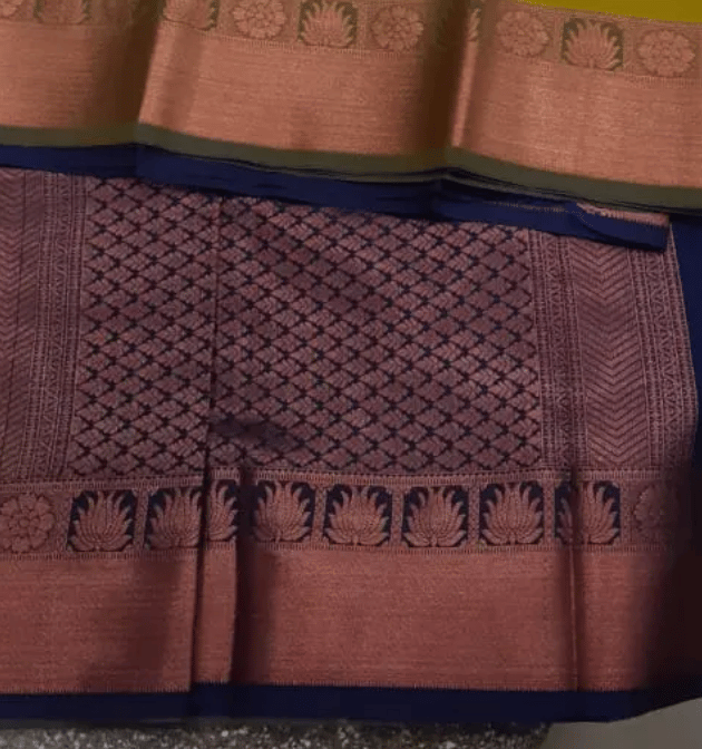 Women Semi Pattu Saree Silk Blend Saree Apple green color saree with Navy blue color and blouse