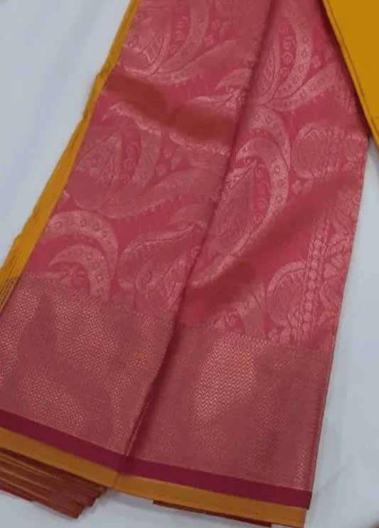 Women Semi Pattu Saree Silk Blend Saree deep yellow color saree with pink color pallu and blouse