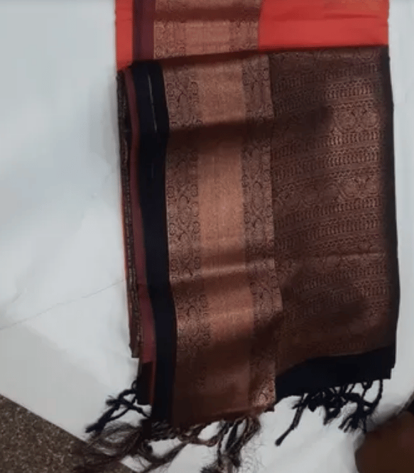 Women Semi Pattu Saree Silk Blend Saree  orange color saree with navy blue color pallu and blouse