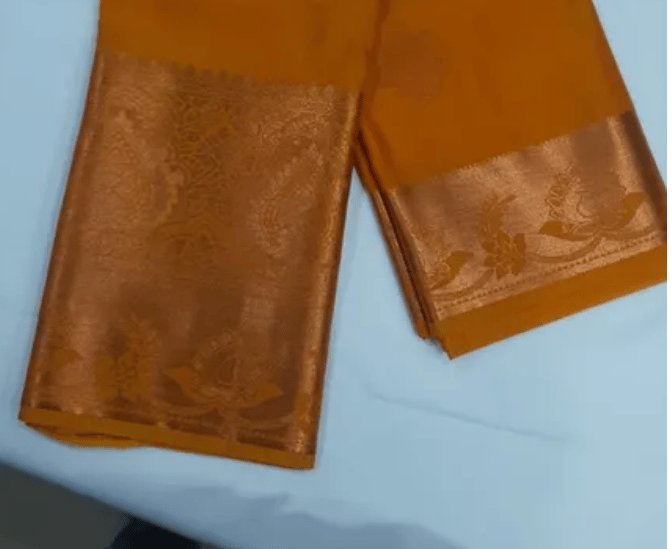 Women Semi Pattu Saree Silk Blend Saree gold color saree with self pallu and blouse