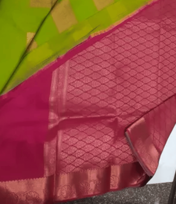 Woven, Solid/Plain Pure Silk Saree parrot green color saree with perfect pink color and blouse