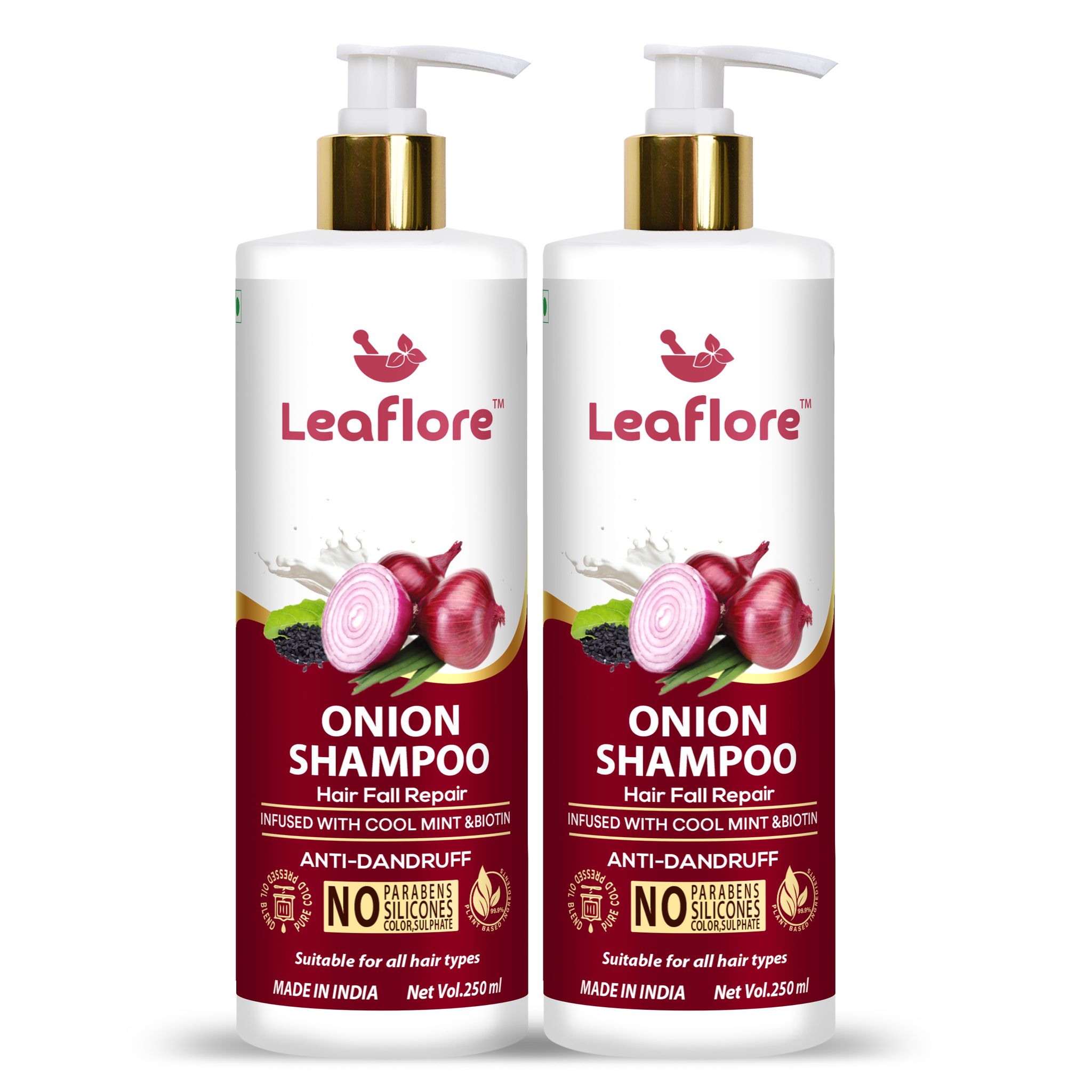 Leaflore Onion Shampoo (Combo of 2) | Professional Anti-Dandruff Shampoo | 72 HRS Scalp Detox | 6-in-1 Formula | Paraben-free | Shampoo for Men & Women, 500ml