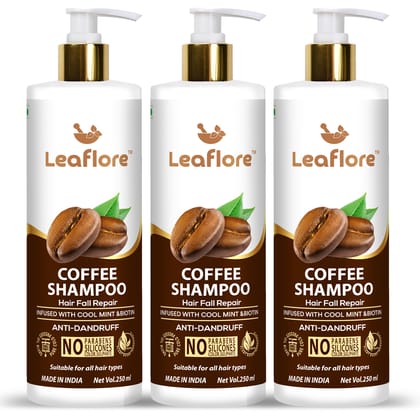 Leaflore Coffee Shampoo (Combo of 3) | Professional Hair Strengthening Shampoo | 72 HRS Scalp Detox | 6-in-1 Formula | Paraben-free | Shampoo for Men & Women, 750ml