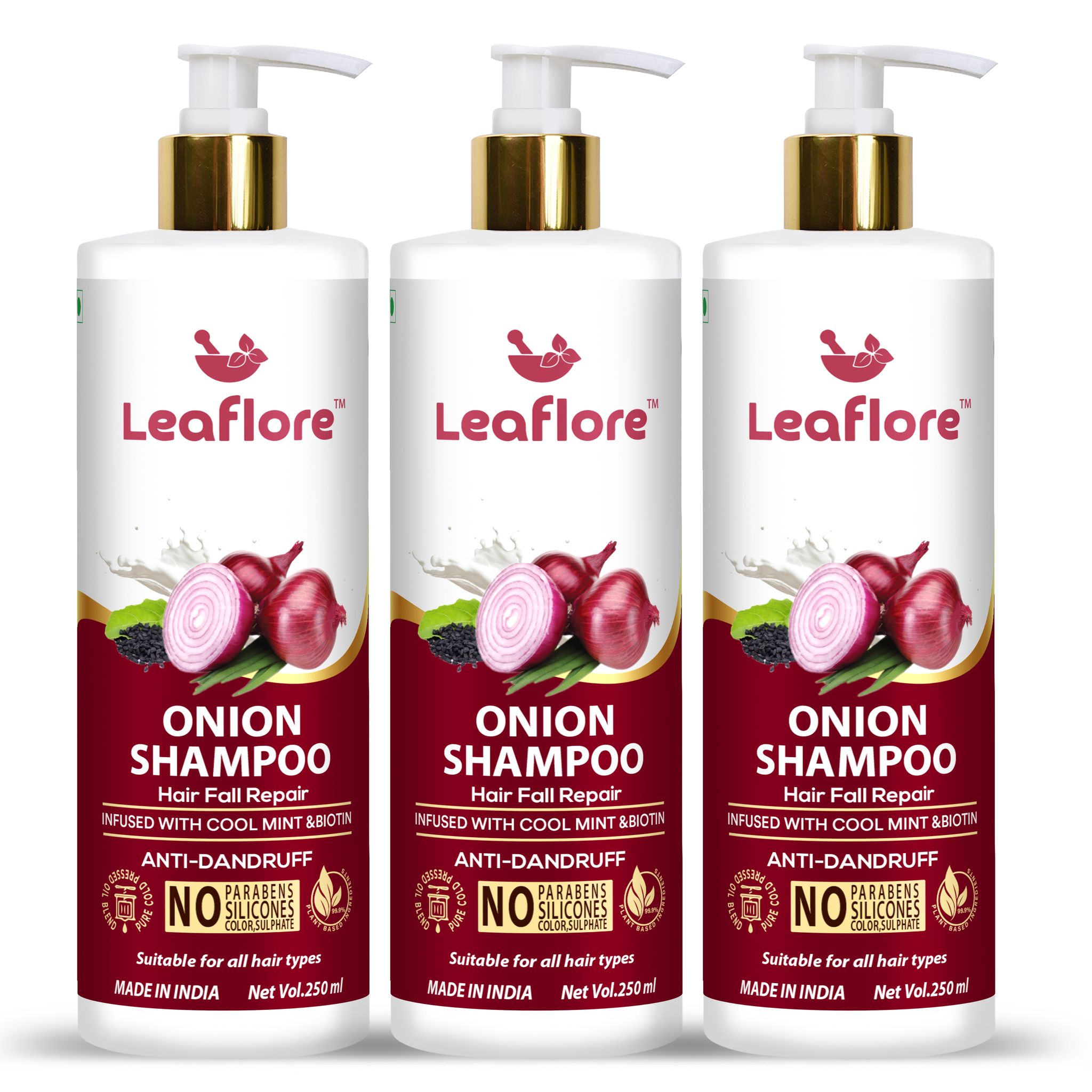 Leaflore Onion Shampoo (Combo of 3) | Professional Anti-Dandruff Shampoo | 72 HRS Scalp Detox | 6-in-1 Formula | Paraben-free | Shampoo for Men & Women, 750ml