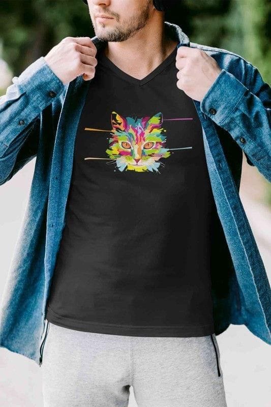 V Neck T-Shirt (Men) - Laser Sharp Cat (5 Colours)