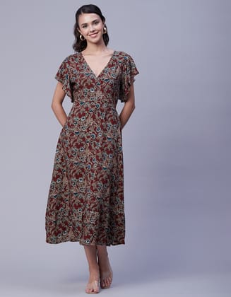 Moomaya Women's Printed Dress, V-Neck, Short Sleeves, Ruffled Midi Summer Viscose Dress