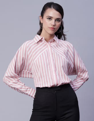 Moomaya Women's Printed Stripes Cotton Shirt, Buttoned Closure Collared Summer Shirt