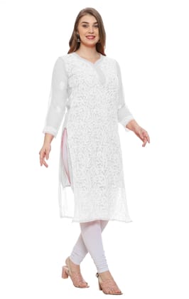 Lavangi Women Lucknow Chikankari White Georgette Kurti with Matching Cotton Inner