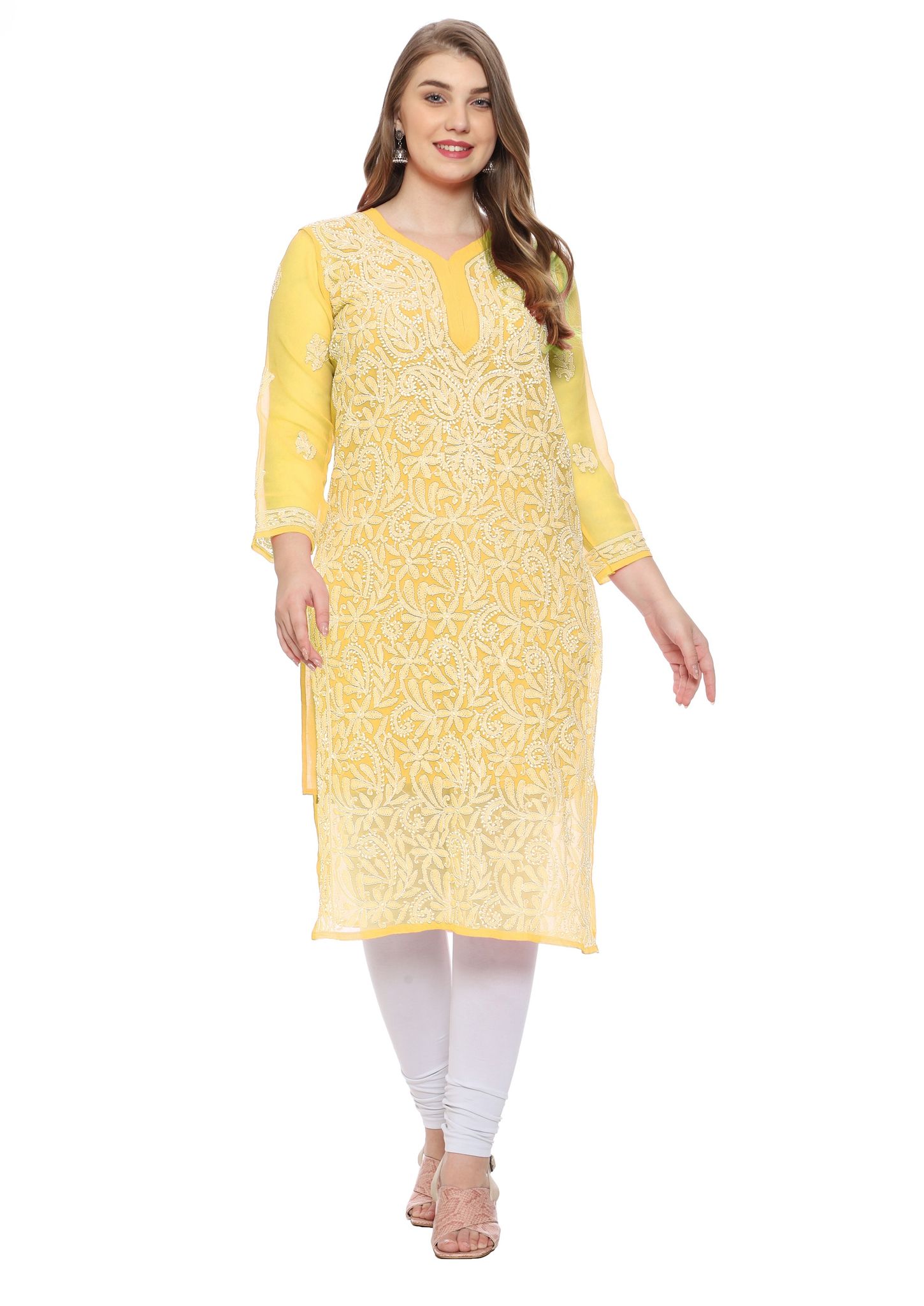 Lavangi Women Lucknow Chikankari Yellow Georgette Kurti with Matching Cotton Inner