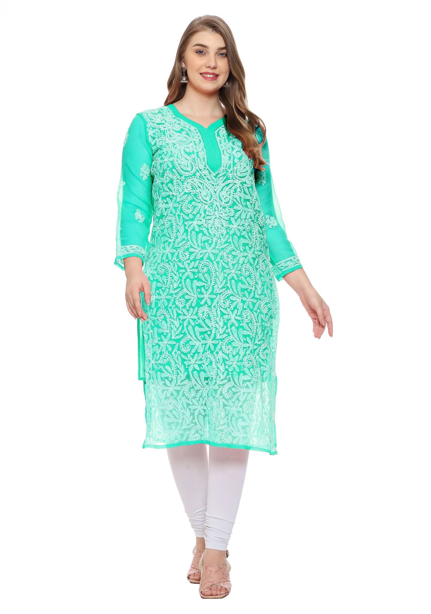 Lavangi Women Lucknow Chikankari Sea Green Georgette Kurti with Matching Cotton Inner