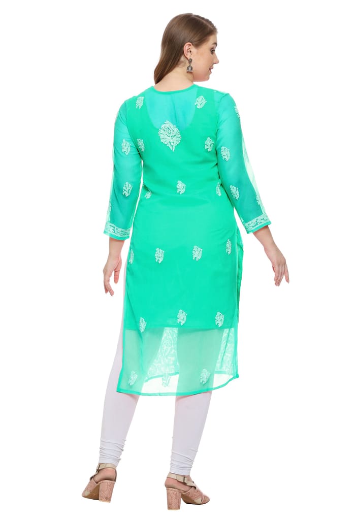 Lavangi Women Lucknow Chikankari Sea Green Georgette Kurti with Matching Cotton Inner