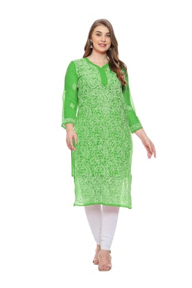 Lavangi Women Lucknow Chikankari Mehndi Green Georgette Kurti with Matching Cotton Inner
