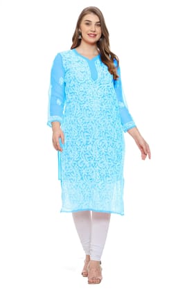 Lavangi Women Lucknow Chikankari Sky Blue Georgette Kurti with Matching Cotton Inner