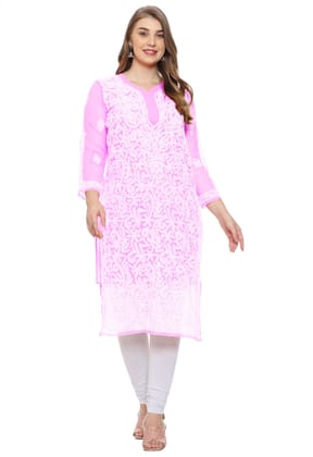 Lavangi Women Lucknow Chikankari Baby Pink Georgette Kurti with Matching Cotton Inner