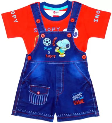 Dungaree For Baby Boys & Baby Girls Casual Printed Denim Blend
