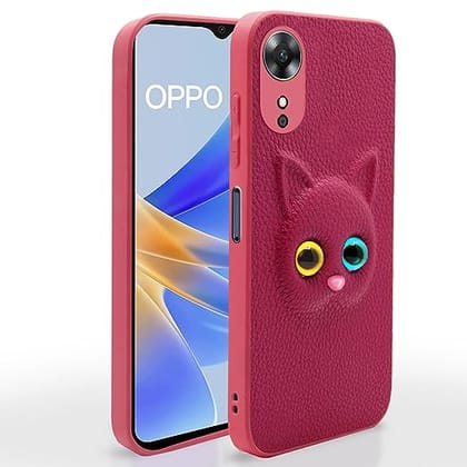 Pikkme Oppo A17 Back Cover for Girls | Cute Cat Leather Finish | Soft TPU | Case for Oppo A17 (Pink)